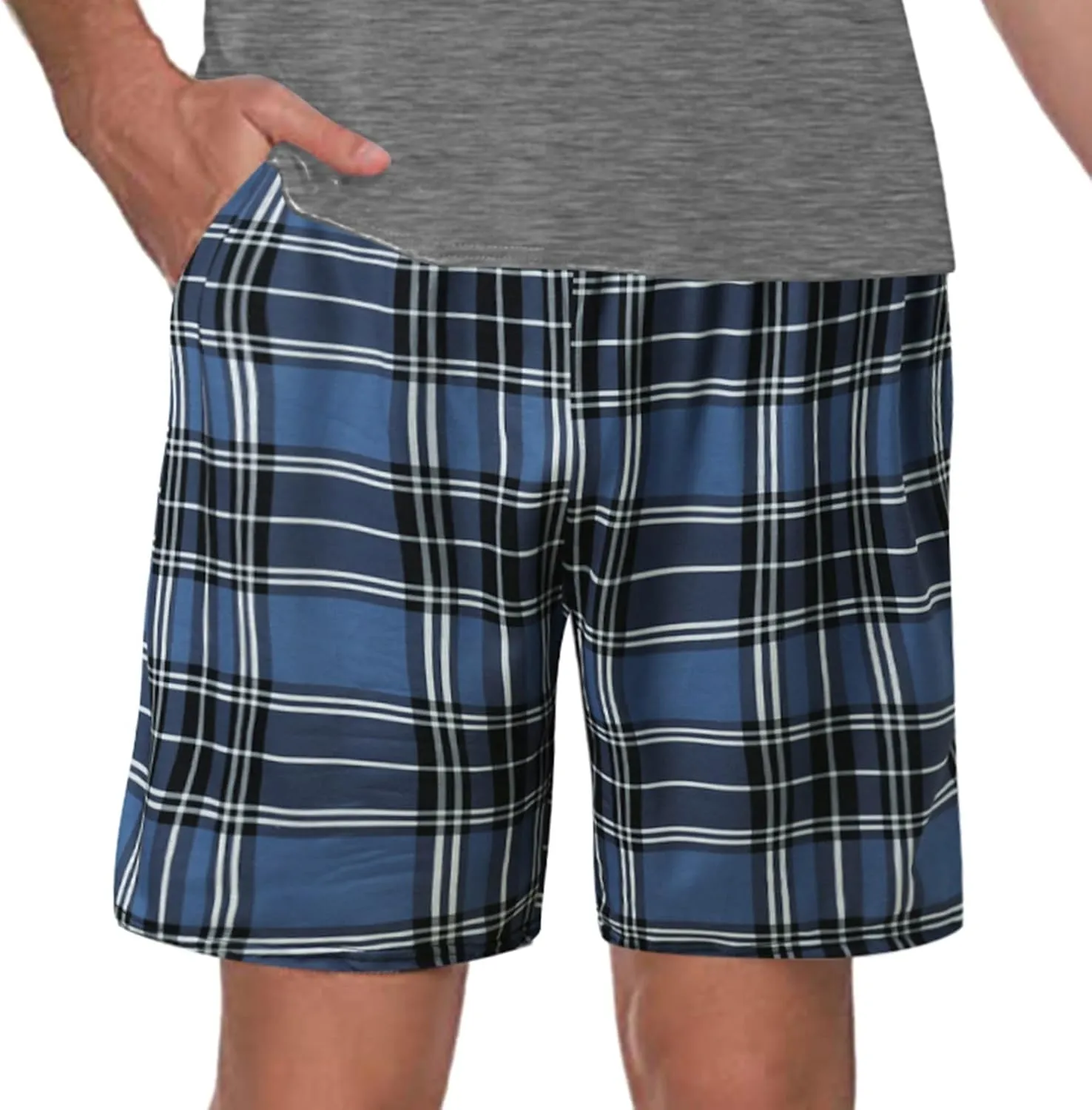 Men's Plaid Shorts Cotton Soft Flannel Pajama Plaid Shorts with Pockets Lightweight Long Shorts Drawstring Pants