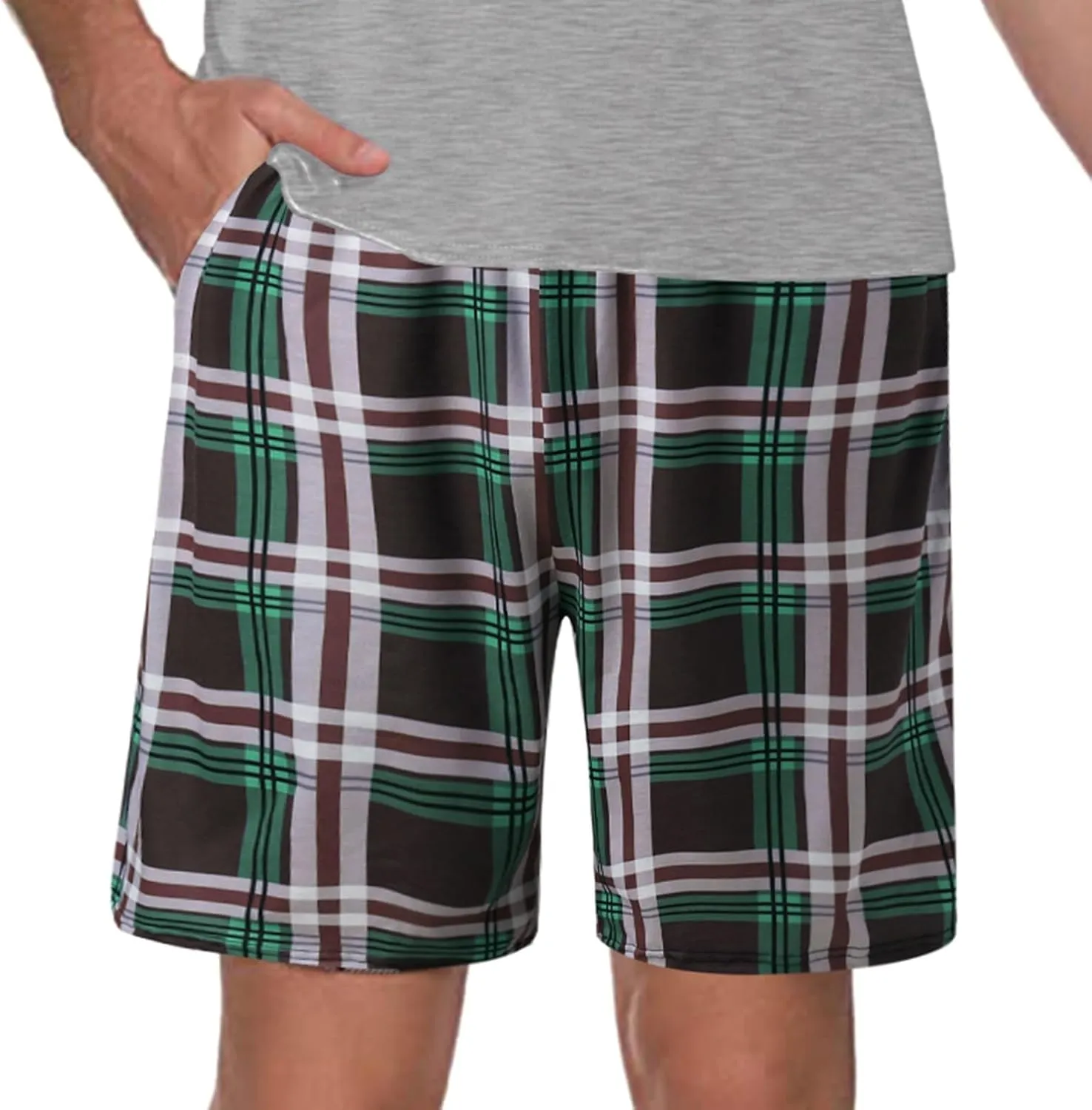 Men's Plaid Shorts Cotton Soft Flannel Pajama Plaid Shorts with Pockets Lightweight Long Shorts Drawstring Pants