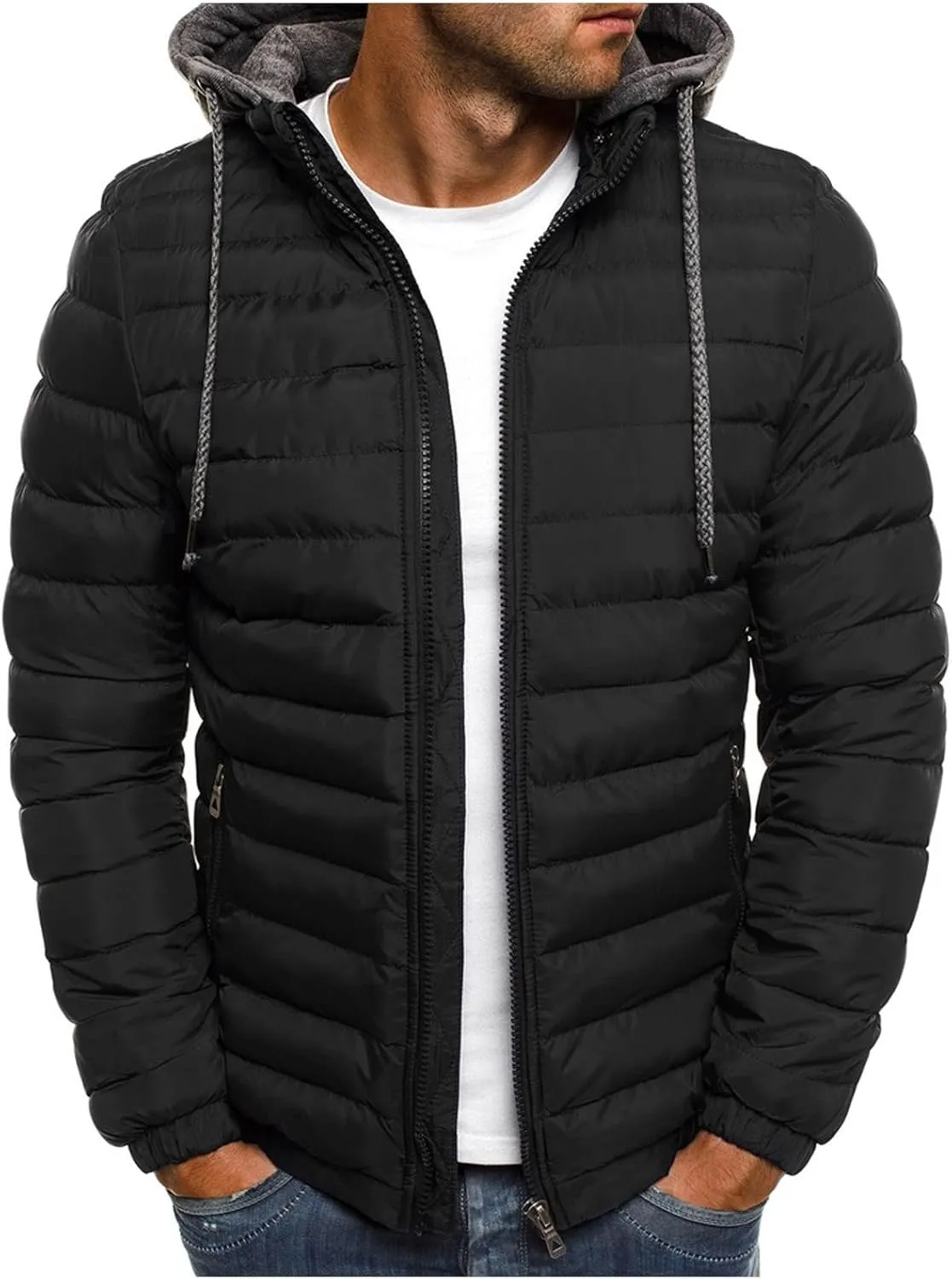 Mens Puffer Jacket with Hood Lightweight Zip Up Padded Coat Packable Puffy Down Jacket Winter Quilted Bubble Jackets