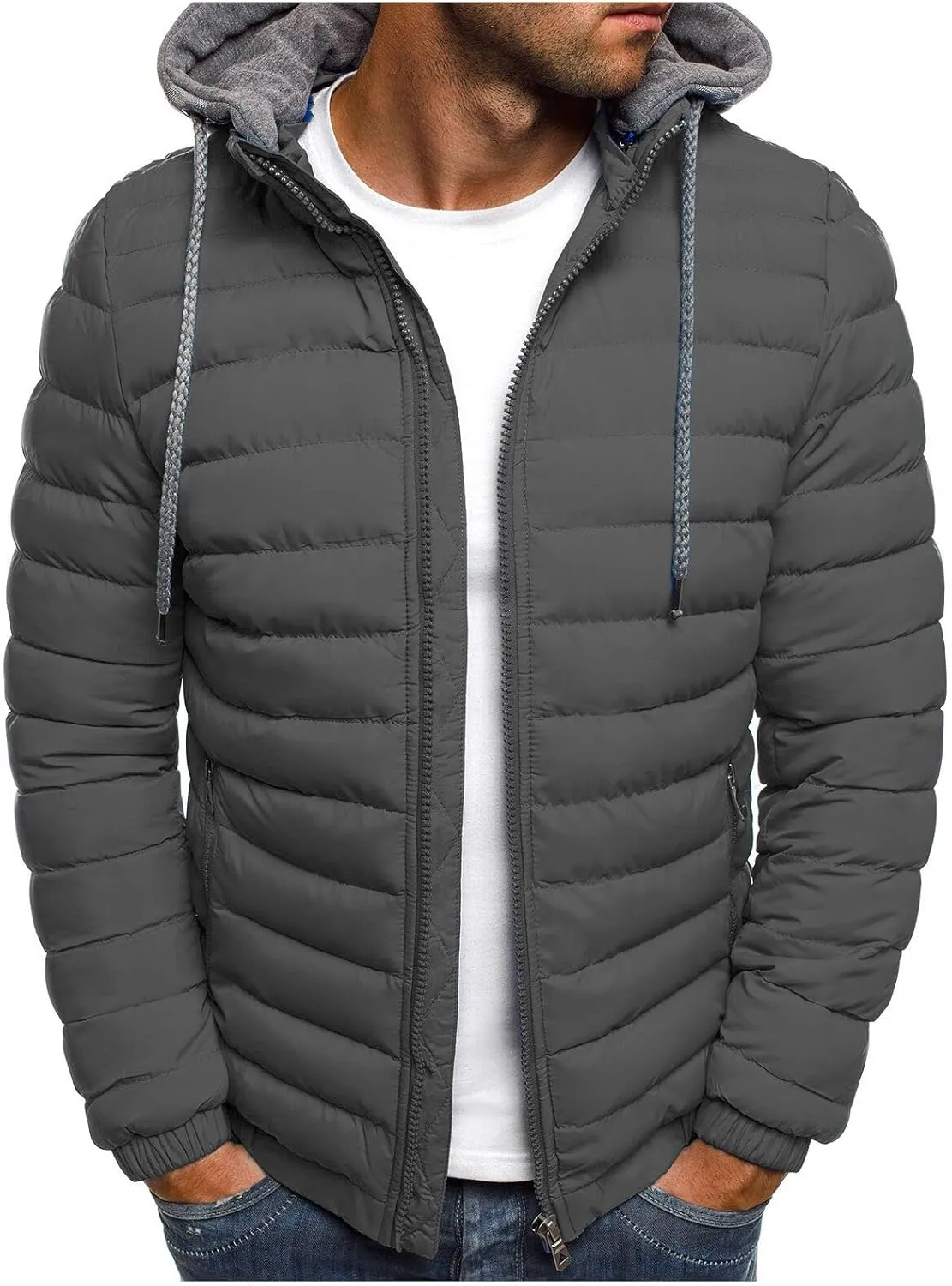 Mens Puffer Jacket with Hood Lightweight Zip Up Padded Coat Packable Puffy Down Jacket Winter Quilted Bubble Jackets