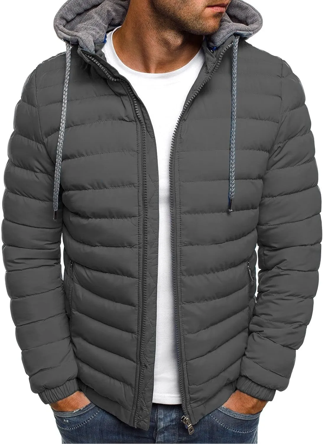 Mens Puffer Jacket with Hood Lightweight Zip Up Padded Coat Packable Puffy Down Jacket Winter Quilted Bubble Jackets