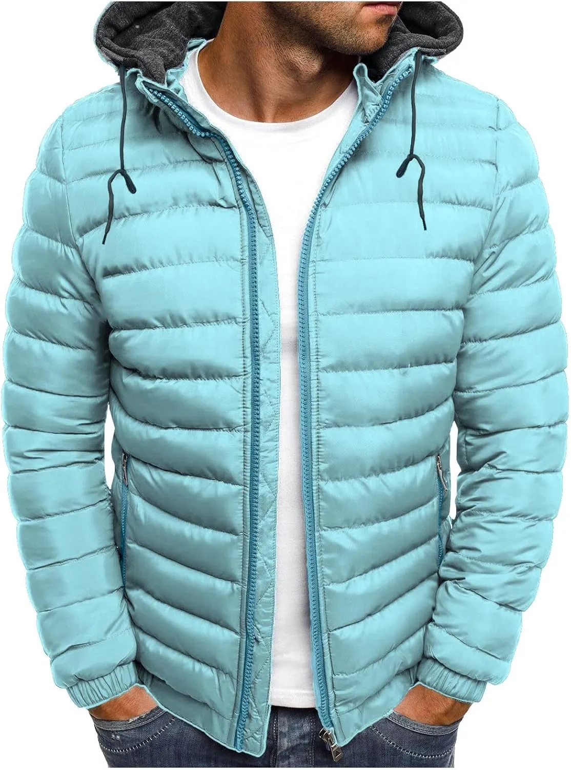 Mens Puffer Jacket with Hood Lightweight Zip Up Padded Coat Packable Puffy Down Jacket Winter Quilted Bubble Jackets