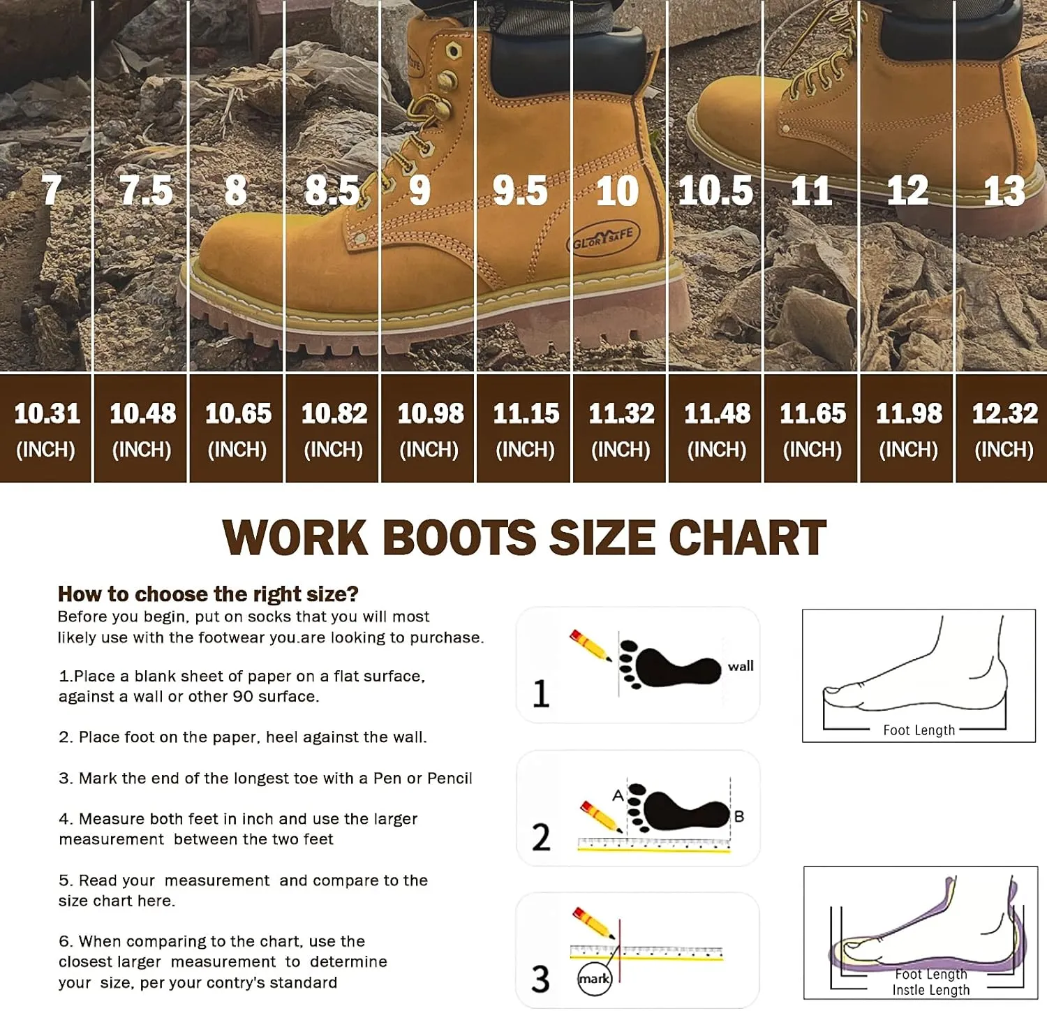 Men's Work Boot with Soft Toe - Waterproof & Slip Resistant 6 Inch Safety Boots for Construction,Rubber Sole Lightweight Working Botas