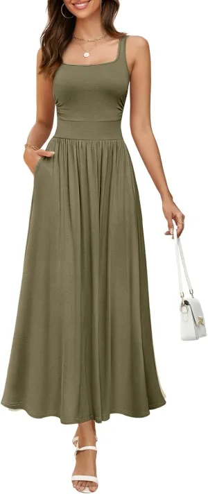 MEROKEETY Women's 2025 Summer Sleeveless Tank Dress Casual Square Neck Flowy Maxi Sundress with Pockets