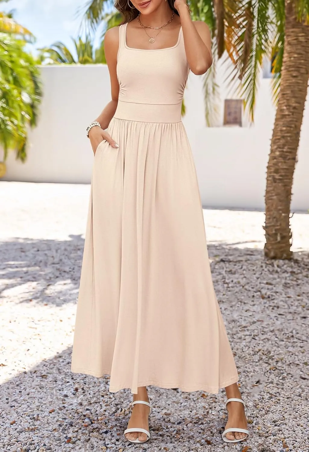 MEROKEETY Women's 2025 Summer Sleeveless Tank Dress Casual Square Neck Flowy Maxi Sundress with Pockets