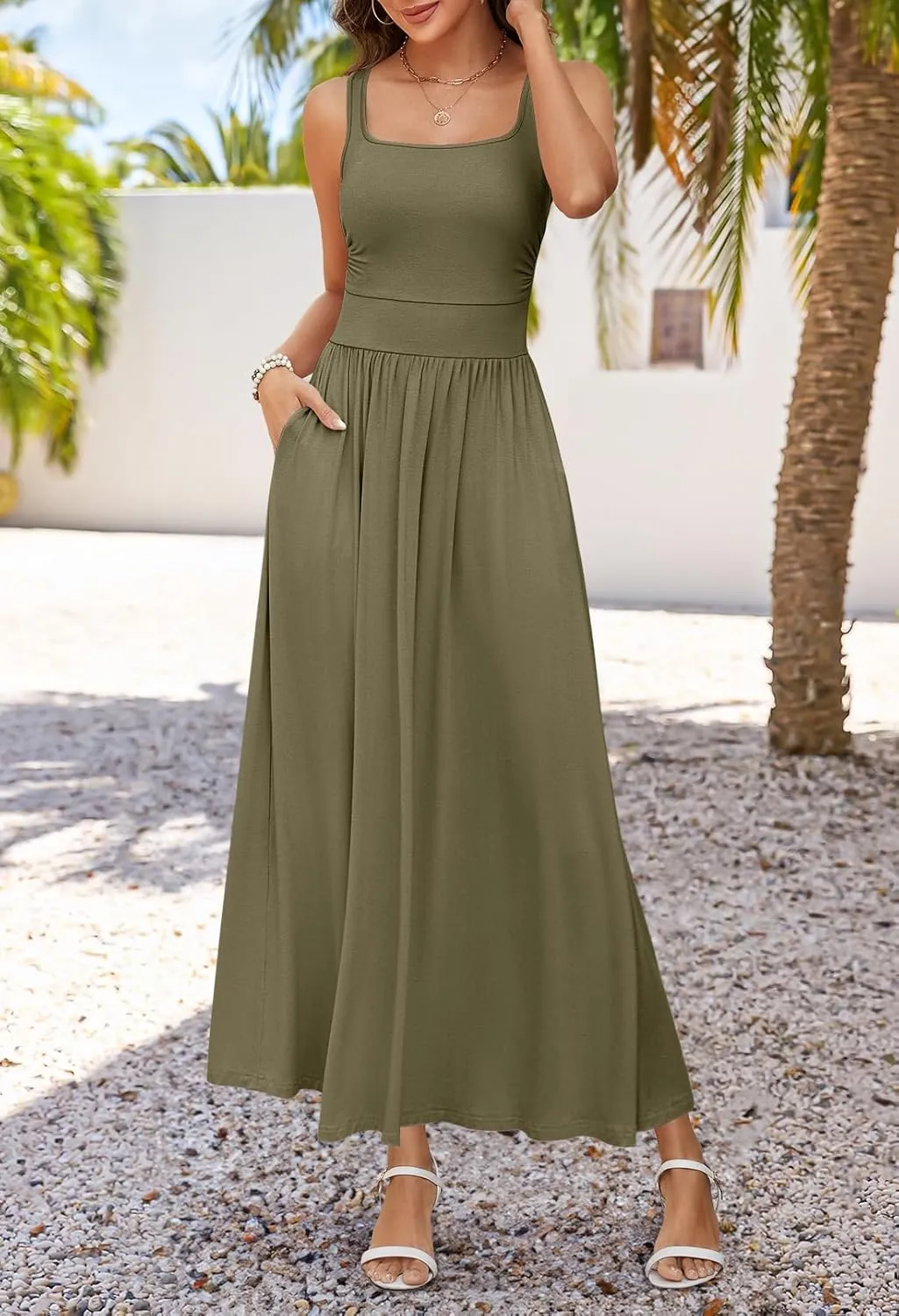 MEROKEETY Women's 2025 Summer Sleeveless Tank Dress Casual Square Neck Flowy Maxi Sundress with Pockets