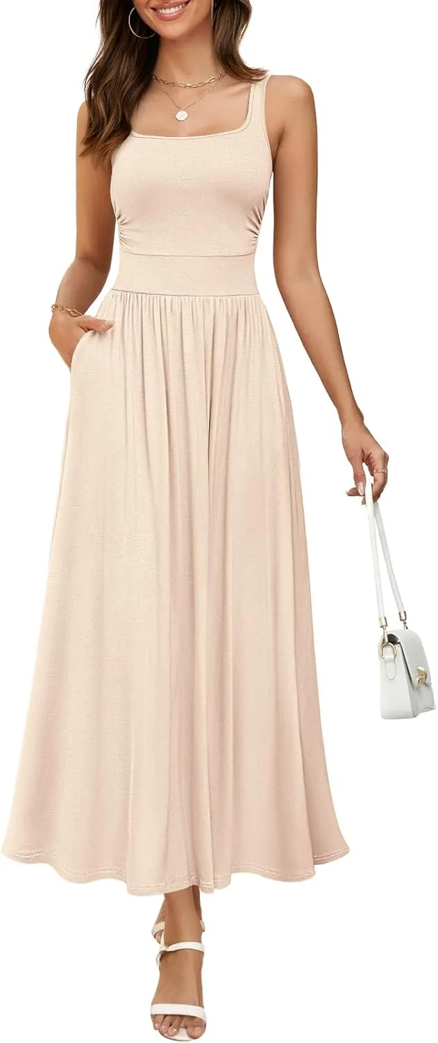 MEROKEETY Women's 2025 Summer Sleeveless Tank Dress Casual Square Neck Flowy Maxi Sundress with Pockets