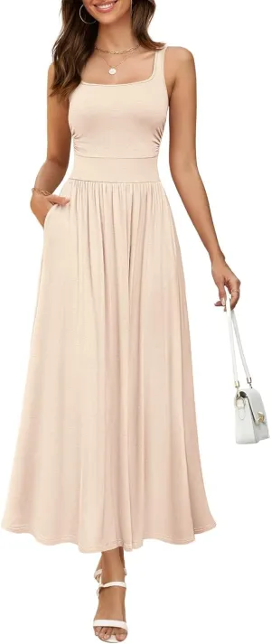 MEROKEETY Women's 2025 Summer Sleeveless Tank Dress Casual Square Neck Flowy Maxi Sundress with Pockets