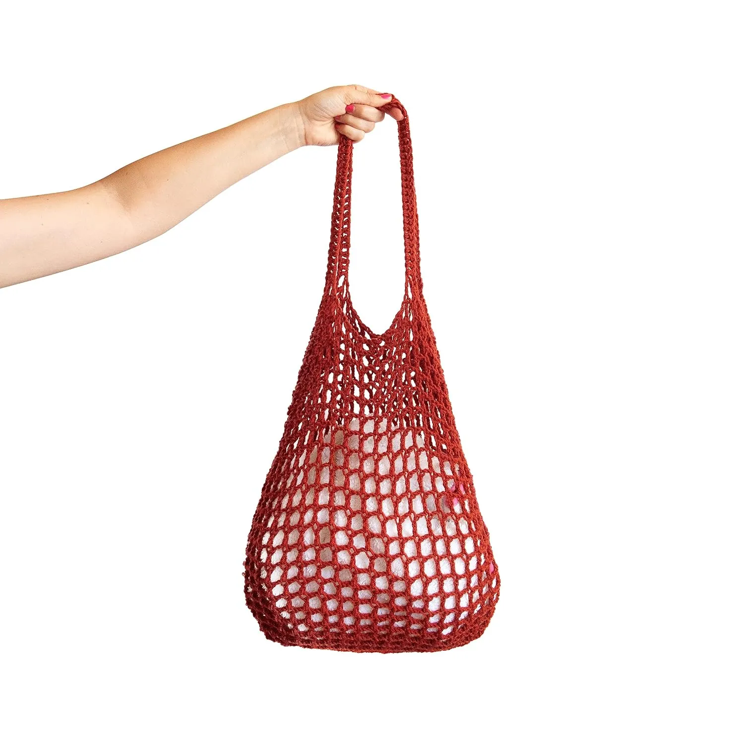 Mesh Bag Shopping. Mesh Grocery Tote. Net String Nylon Bag Reusable. Knitted Design for Produce. Good Quality Large Handbag of Red Yarn