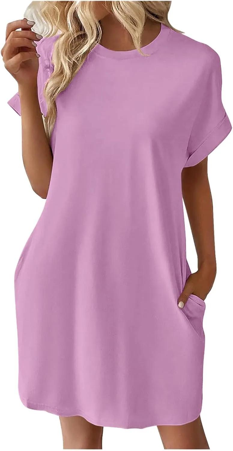 Mini Dress for Women Beach Vacation Pocket Mini Dresses for Women with Short Sleeves Summer Casual Loose Wrap Dress