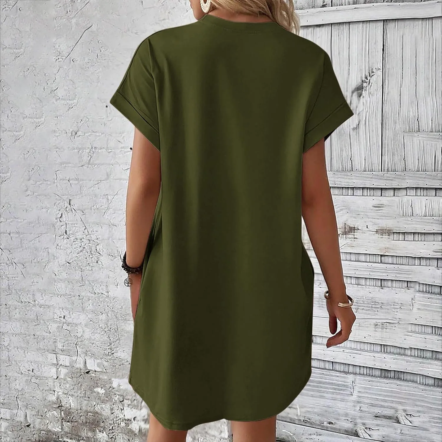 Mini Dress for Women Beach Vacation Pocket Mini Dresses for Women with Short Sleeves Summer Casual Loose Wrap Dress
