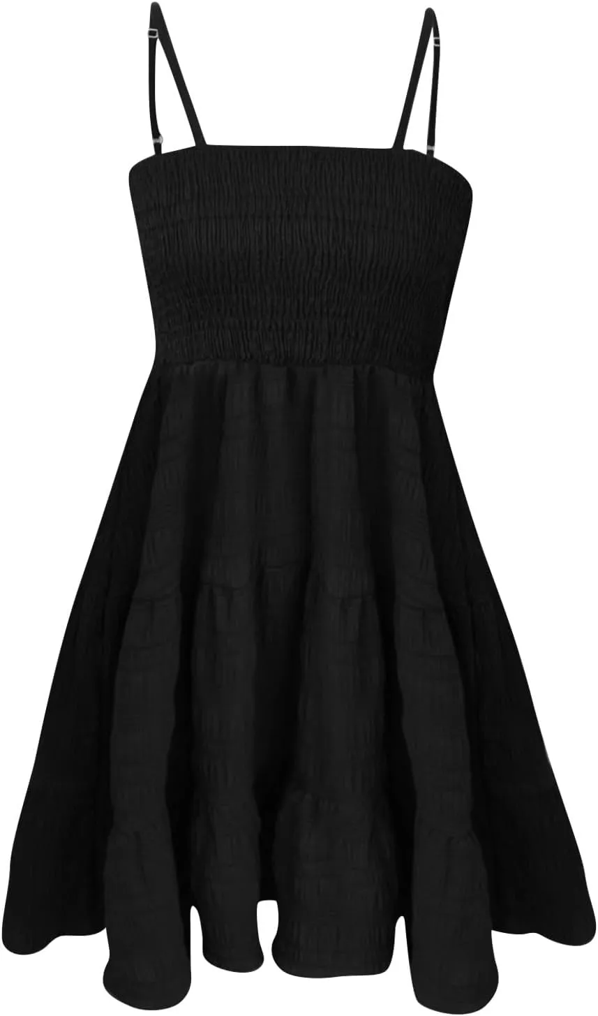Mini Sundressses for Women 2025 Vcation Square Neck Cami Ruffle Smocked Dresses Adjustable Elastic Cute Babydoll Dresses