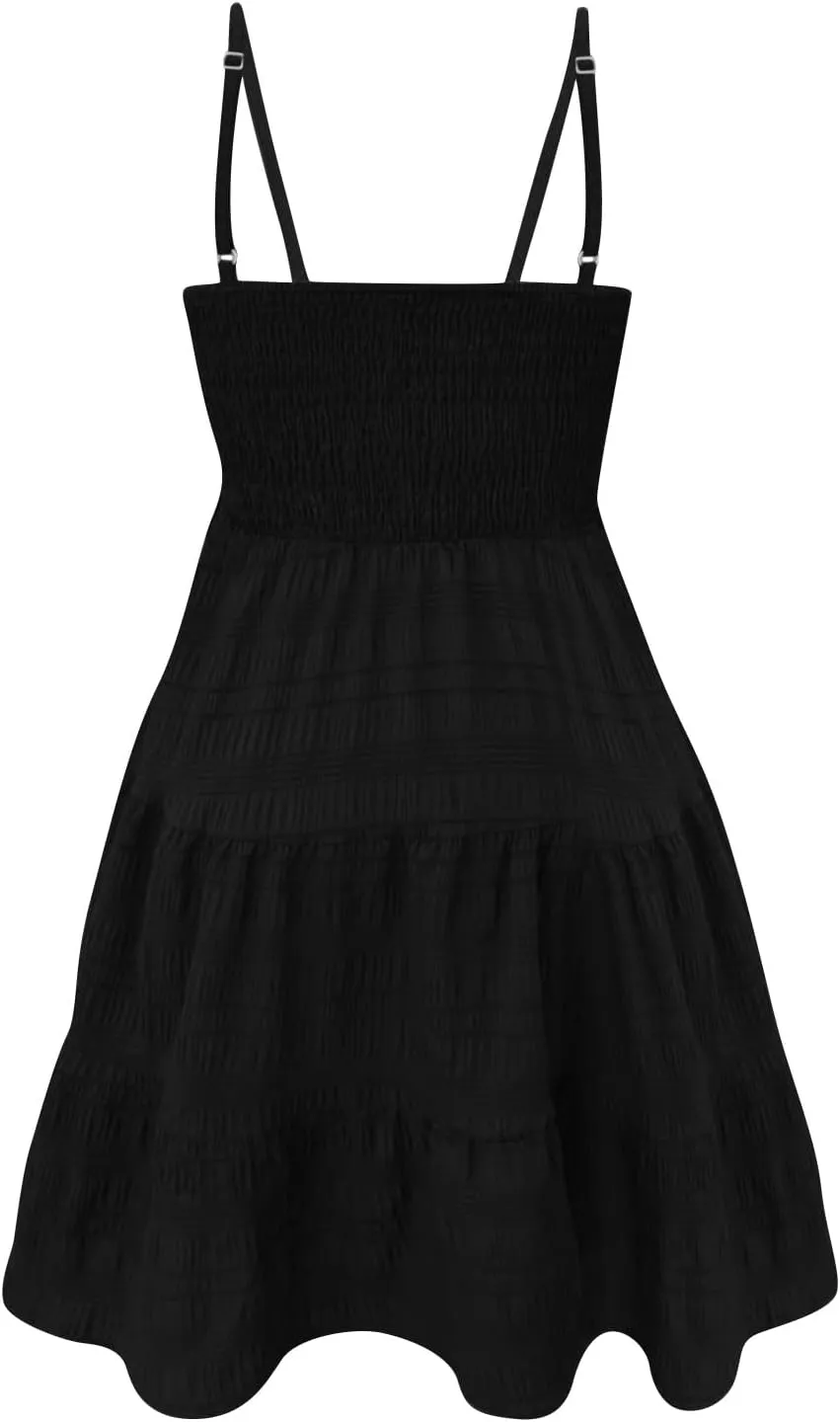 Mini Sundressses for Women 2025 Vcation Square Neck Cami Ruffle Smocked Dresses Adjustable Elastic Cute Babydoll Dresses