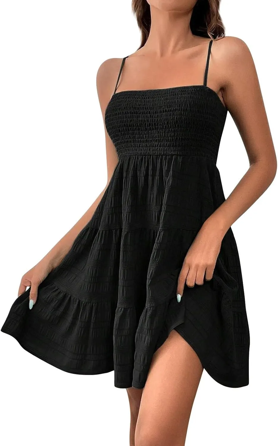 Mini Sundressses for Women 2025 Vcation Square Neck Cami Ruffle Smocked Dresses Adjustable Elastic Cute Babydoll Dresses