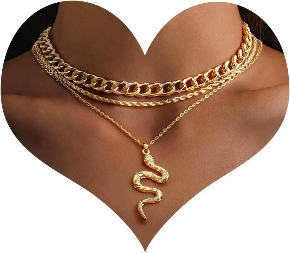 MJartoria Gold Layered Necklaces for Women Trendy Retro Snake Pendant Gold Necklace Chunky Link Chain Choker Necklaces for Jewelry Birthday Gifts