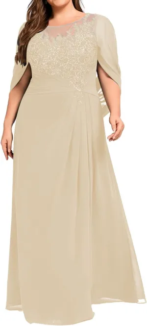 Mother of The Bride Dresses Pleated Sequins Plus Size Formal Evening Dress Lace Appliques Long Chiffon Evening Dress Scoop Champagne