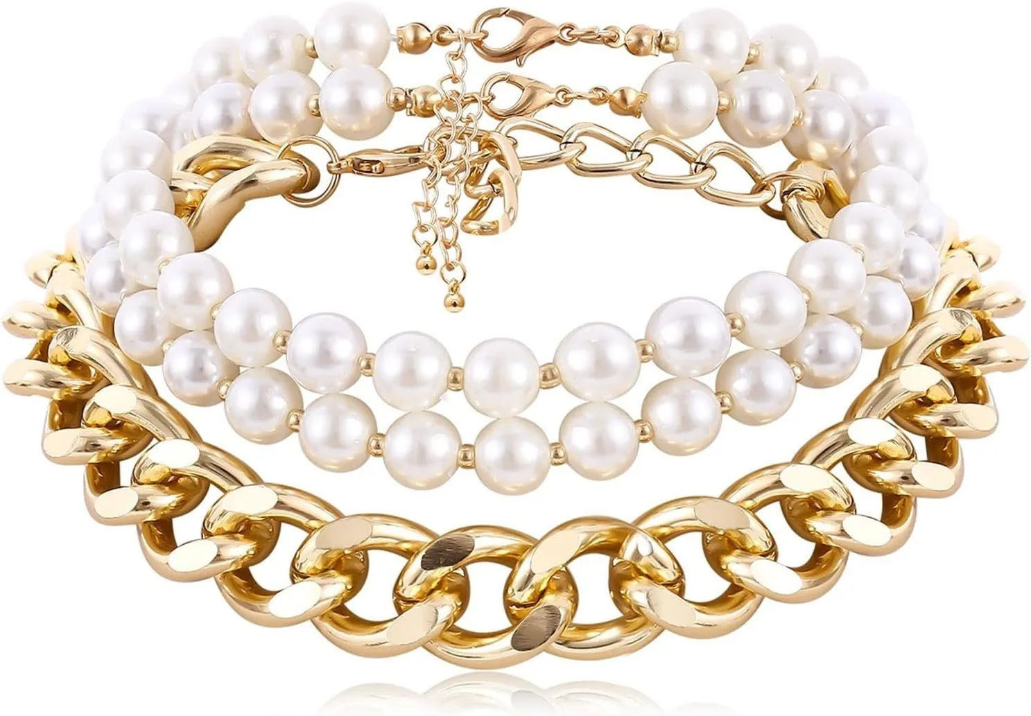 Multi Layered Necklace, Chains Necklace for Women 3 Layer Gold Lobster Claw White Round Thick Pearl Chain Design Anniversary