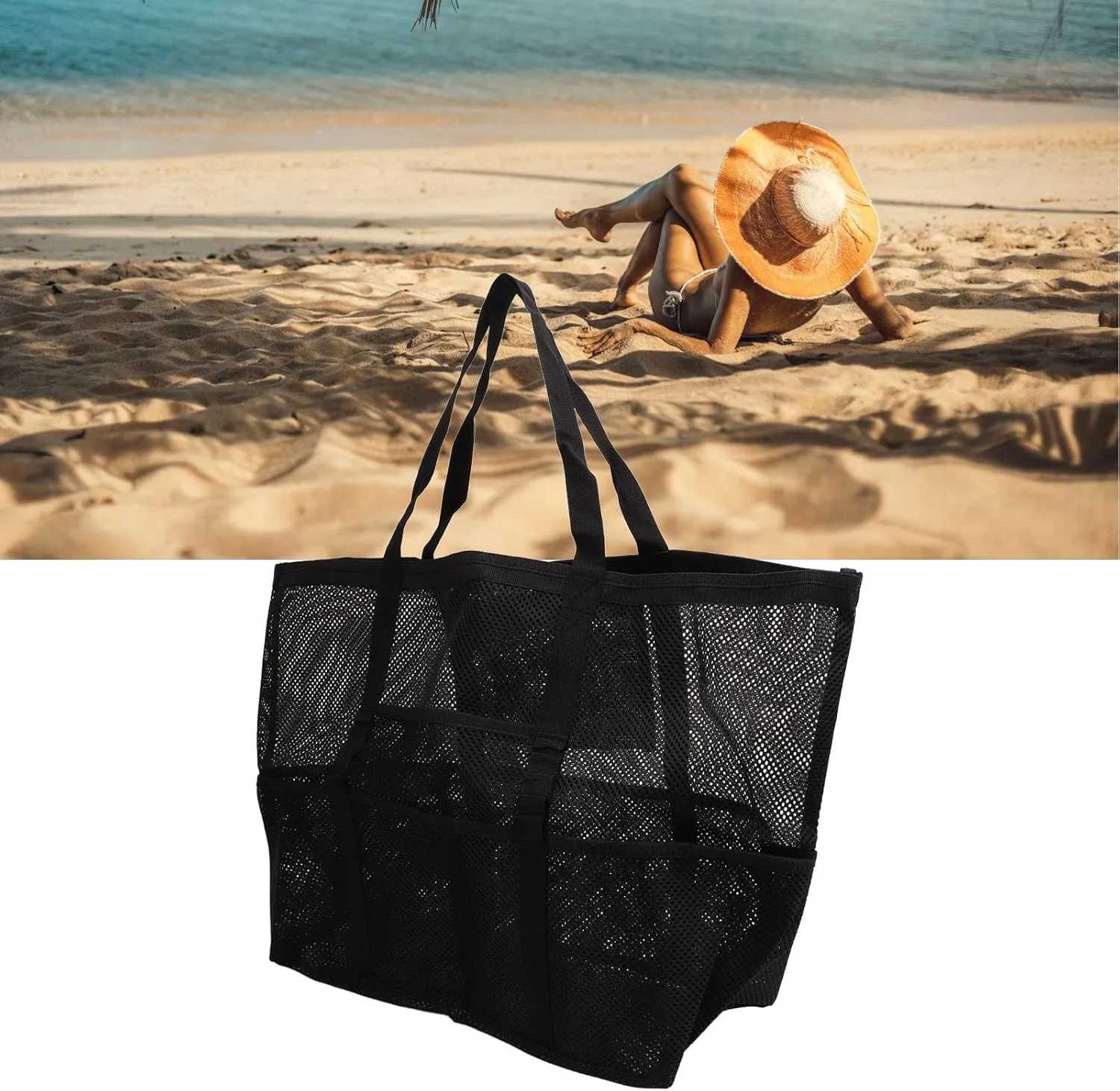 Multi Pocket Shoulder Beach Bag, Reusable Nylon Foldable Handbag Beach Shoulder Bag Multifunctional Mesh Beach Tote Bag for Traveling Camping(Black)