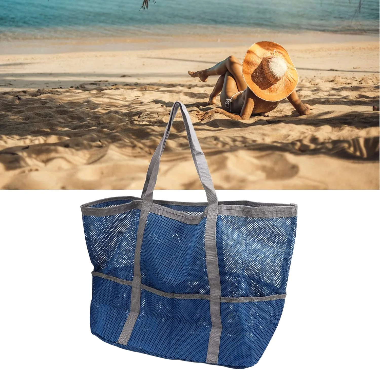 Multi Pocket Shoulder Beach Bag, Reusable Nylon Foldable Handbag Beach Shoulder Bag Multifunctional Mesh Beach Tote Bag for Traveling Camping(Blue Grey)