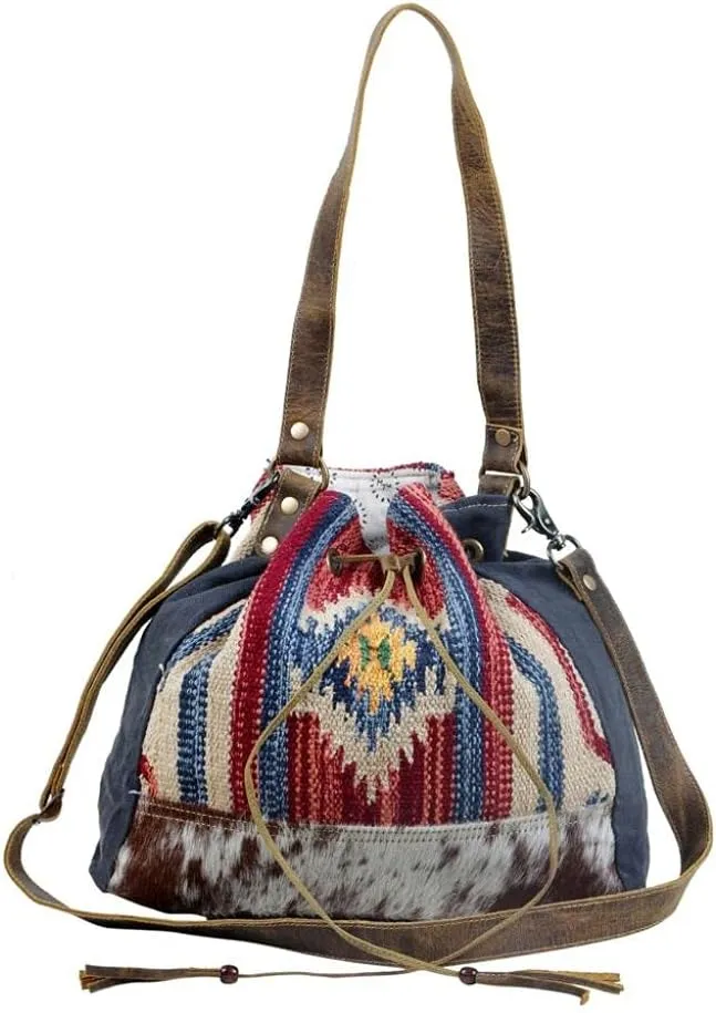 Myra Bag Blue Bucket Bag Upcycled Cotton & Hair Leather S-3062