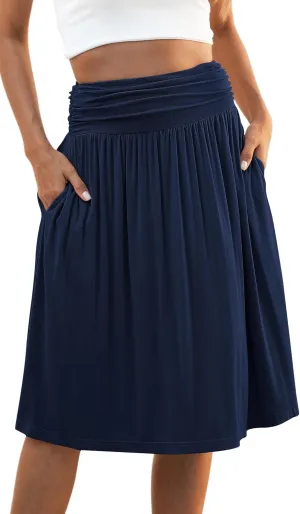 Naggoo Womens Summer Elastic High Waisted Midi Skirts Flowy Aline Knee Length Skirt with Pockets S-XXXL