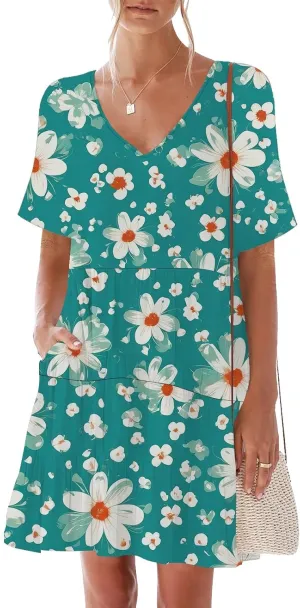 nclook Womens Summer Casual Dress Plus Size V-Neck Ruffle Sleeve Mini Dress with Pocket