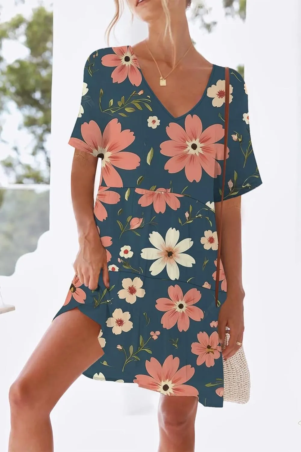nclook Womens Summer Casual Dress Plus Size V-Neck Ruffle Sleeve Mini Dress with Pocket