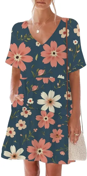nclook Womens Summer Casual Dress Plus Size V-Neck Ruffle Sleeve Mini Dress with Pocket