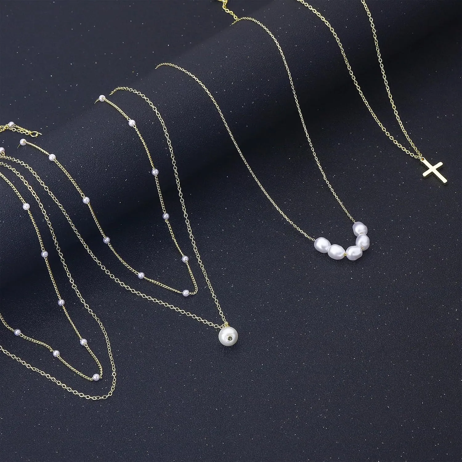 NEWITIN 6 Pieces Chain Necklaces for Women Gold Plated Necklace Cross Bow Pearl Star Heart Pendant Gold Necklace Set for Women