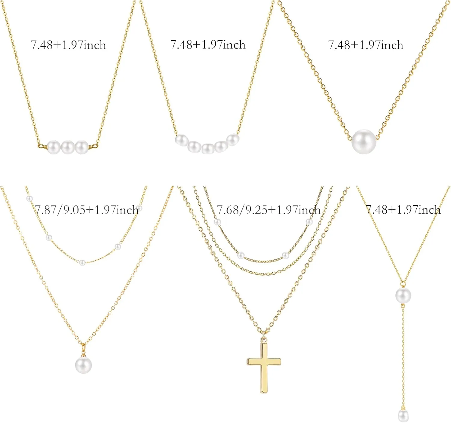 NEWITIN 6 Pieces Chain Necklaces for Women Gold Plated Necklace Cross Bow Pearl Star Heart Pendant Gold Necklace Set for Women