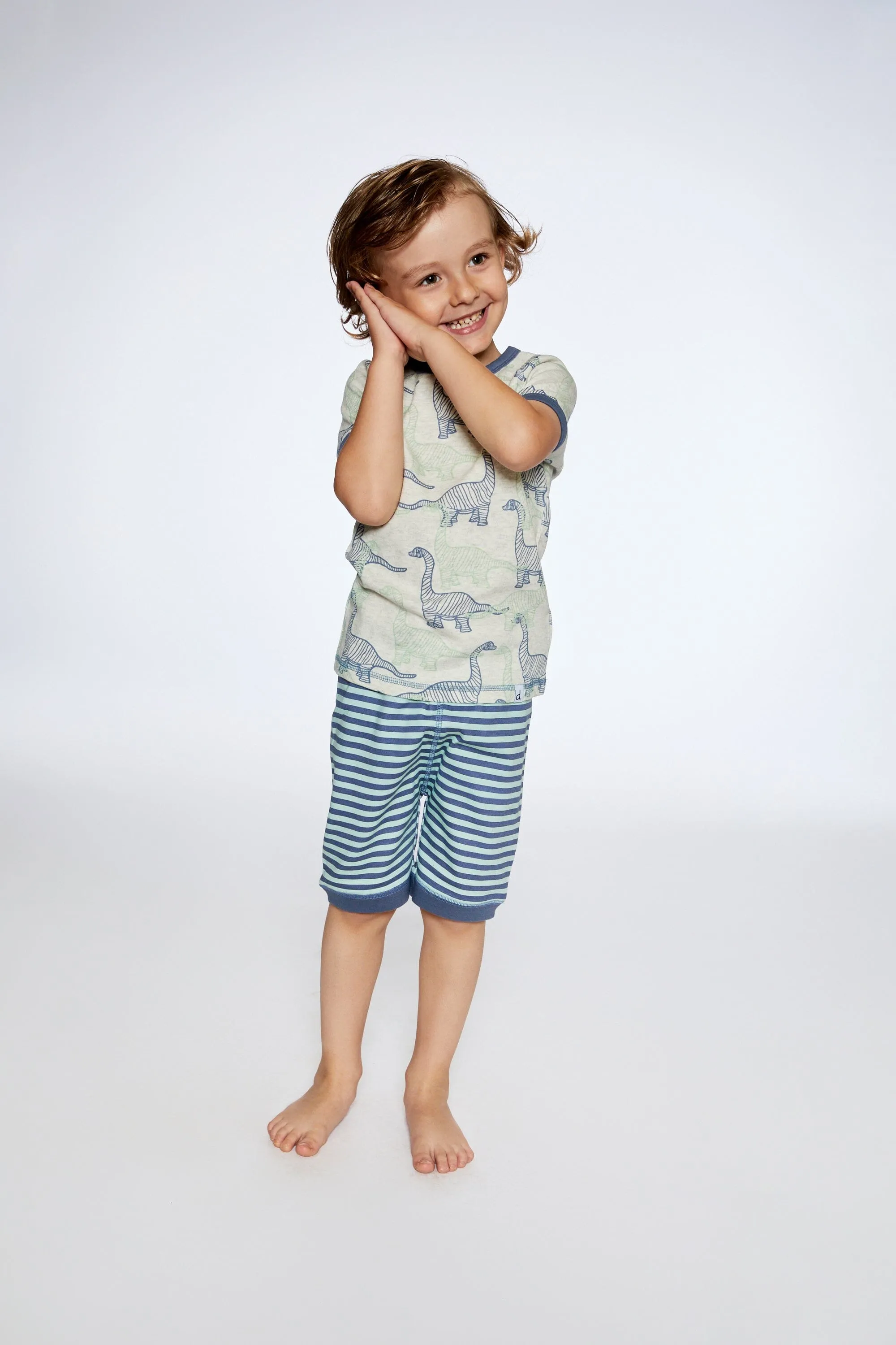 Organic Cotton Two Piece Short Pajama Set Heather Beige Printed Dinosaurs