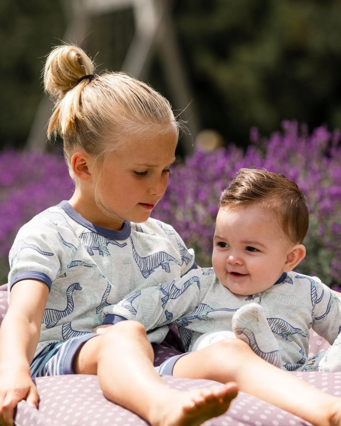 Organic Cotton Two Piece Short Pajama Set Heather Beige Printed Dinosaurs