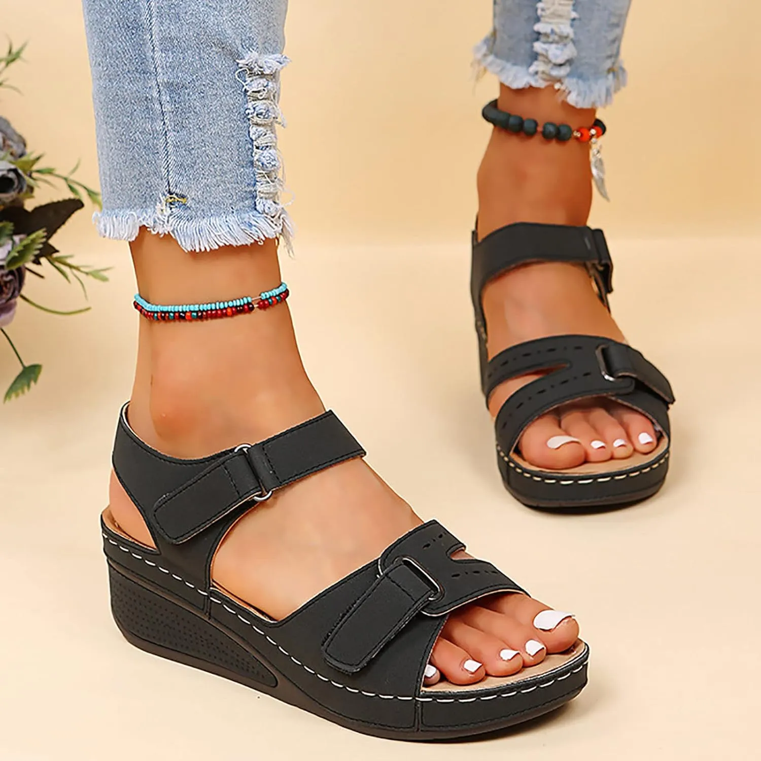 Orthopedic Sandals for Women Fashion, Open Toe Ankle Strap Platform Sandals Casual Strappy Low Wedges Slip on Sandals