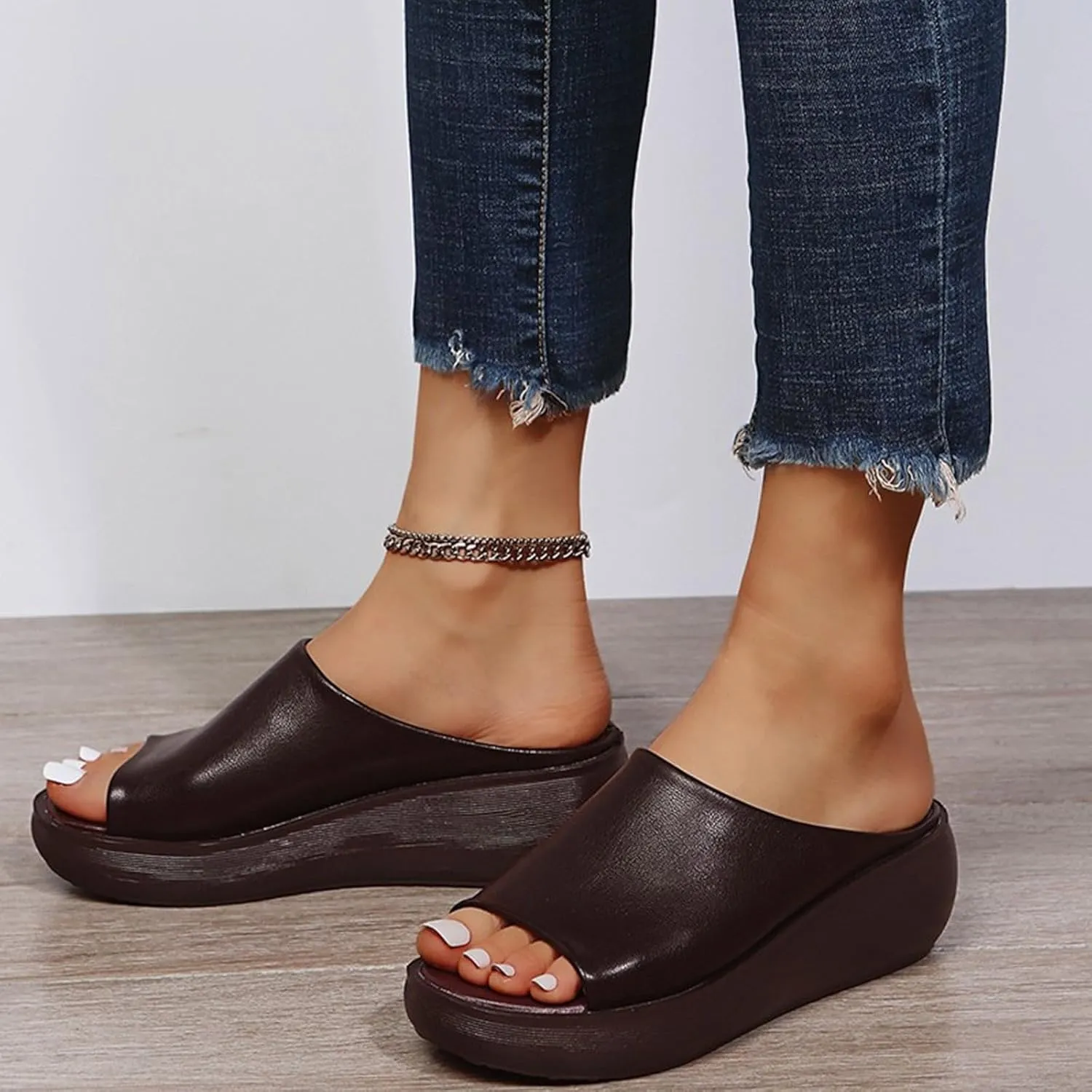 Orthopedic Sandals Summer Comfortable Orthotic Slip-On Leather Wedges High Heel Slides Open Toe Dressy Platform Arch Support Slip Soft Fashion Muffin Slippers Fishmouth Casual Outdoor Sandal