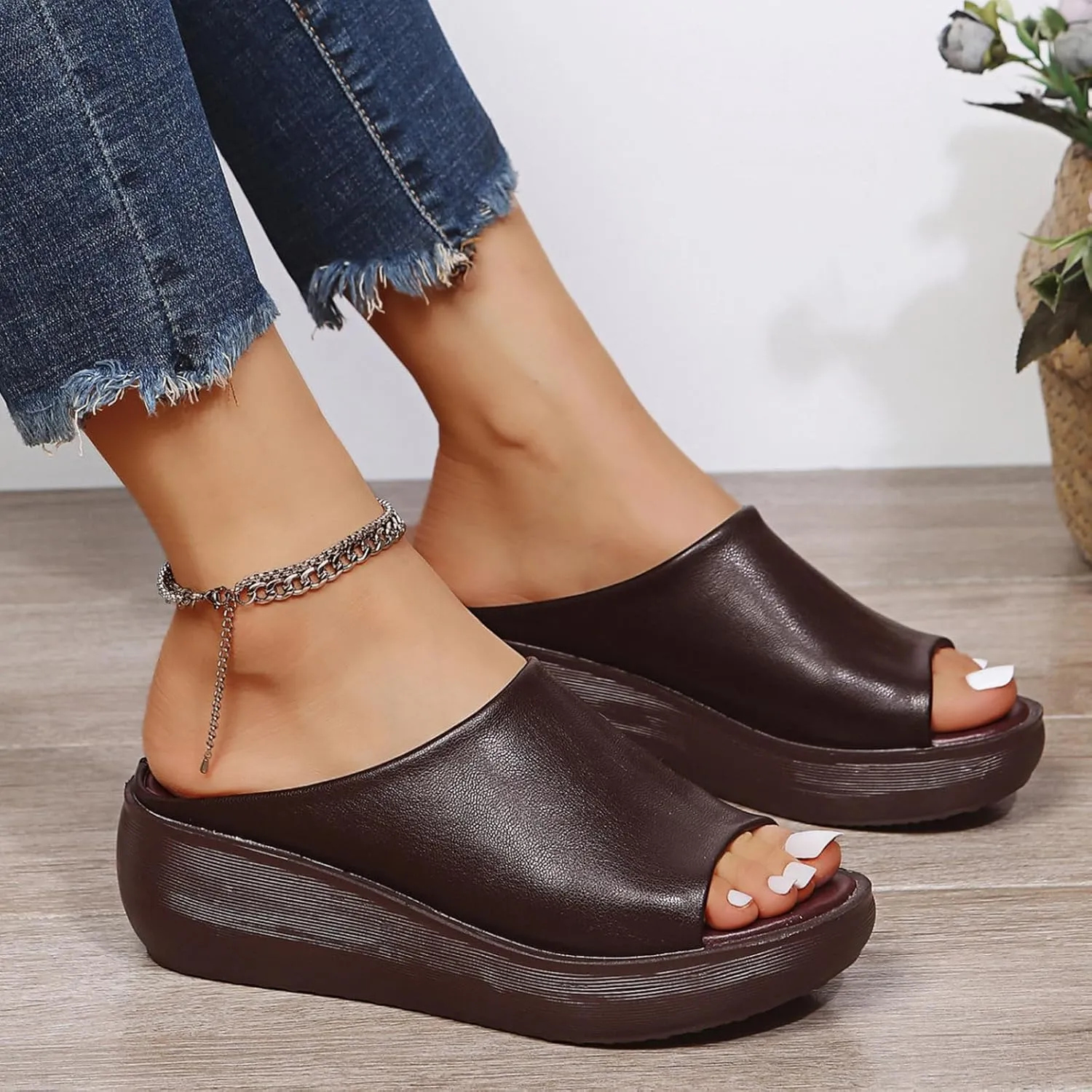 Orthopedic Sandals Summer Comfortable Orthotic Slip-On Leather Wedges High Heel Slides Open Toe Dressy Platform Arch Support Slip Soft Fashion Muffin Slippers Fishmouth Casual Outdoor Sandal