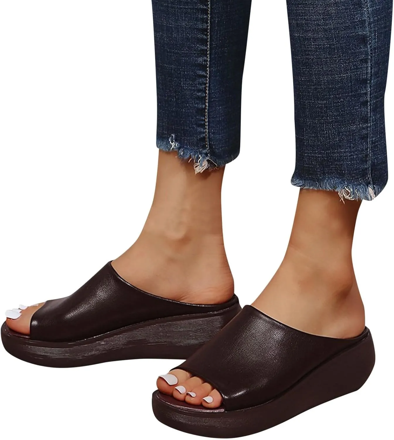 Orthopedic Sandals Summer Comfortable Orthotic Slip-On Leather Wedges High Heel Slides Open Toe Dressy Platform Arch Support Slip Soft Fashion Muffin Slippers Fishmouth Casual Outdoor Sandal