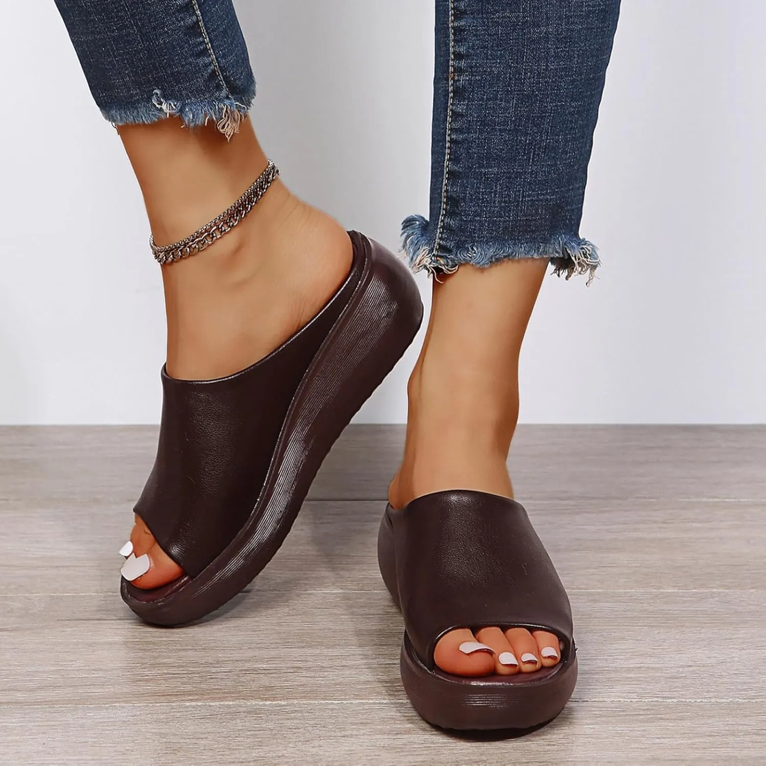 Orthopedic Sandals Summer Comfortable Orthotic Slip-On Leather Wedges High Heel Slides Open Toe Dressy Platform Arch Support Slip Soft Fashion Muffin Slippers Fishmouth Casual Outdoor Sandal