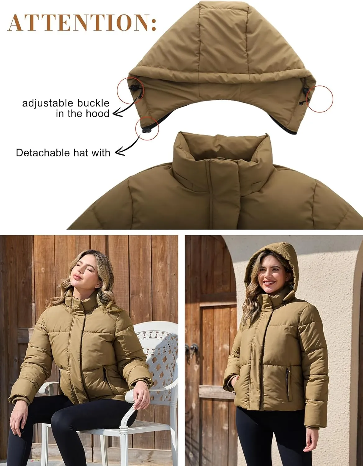 PEHMEA Women's Winter Cropped Puffer Jacket, Full Zip Thicken Short Coat with Detachable Hood