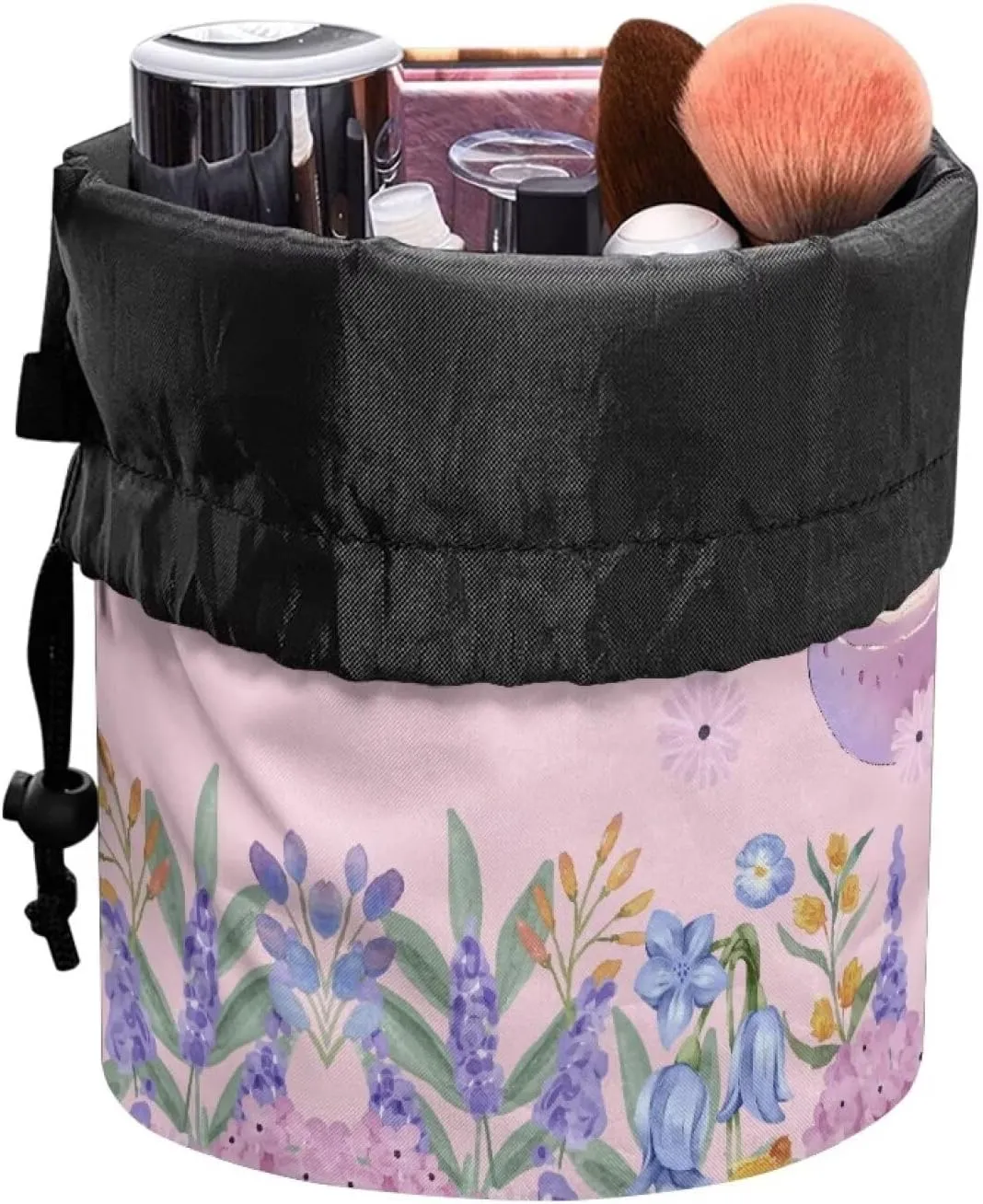 Poceacles Axolotl Floral Pink Blue Drawstring Makeup Bags for Women, Large Capacity Travel Cosmetic Bag Multi-functional Bucket Toiletry Bag Organizer Storage Pocket