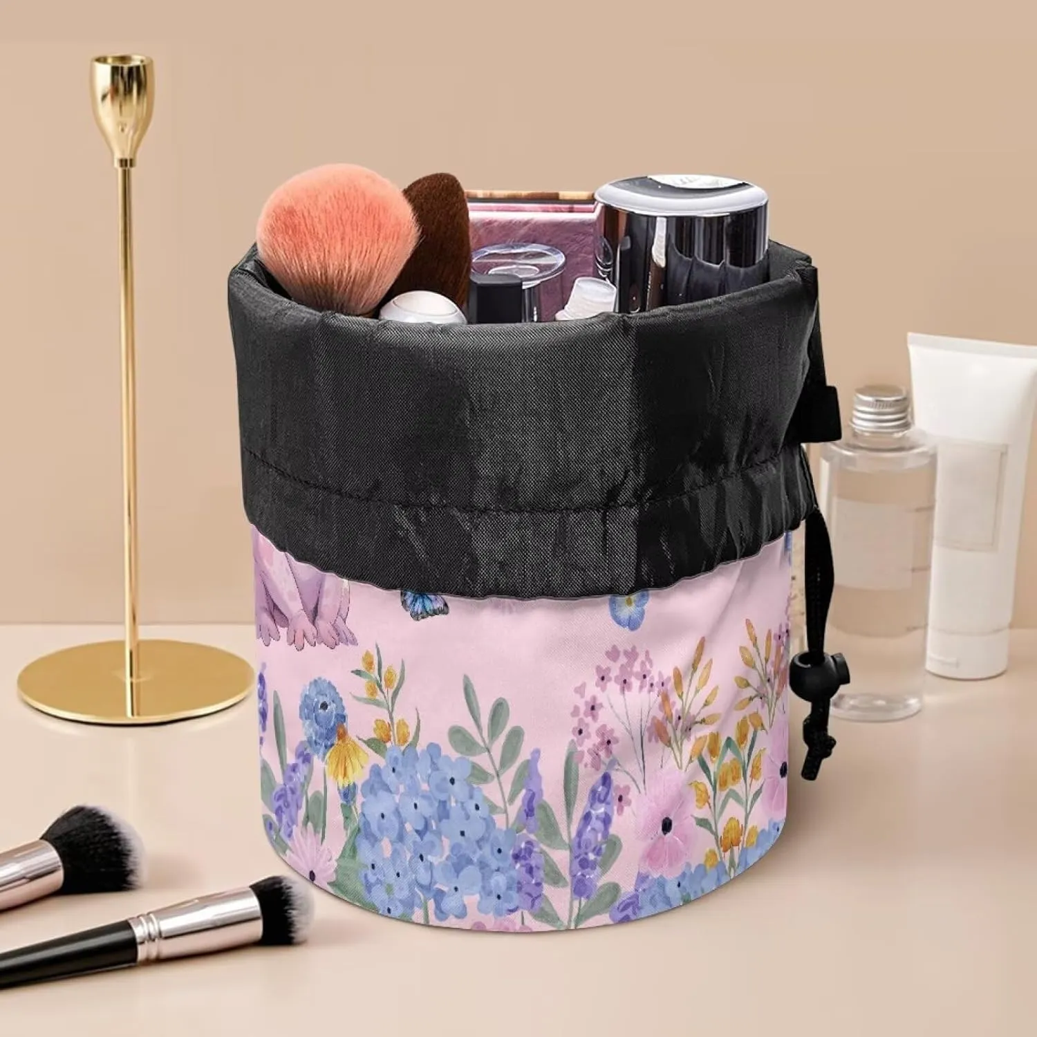 Poceacles Axolotl Floral Pink Blue Drawstring Makeup Bags for Women, Large Capacity Travel Cosmetic Bag Multi-functional Bucket Toiletry Bag Organizer Storage Pocket