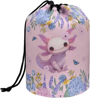 Poceacles Axolotl Floral Pink Blue Drawstring Makeup Bags for Women, Large Capacity Travel Cosmetic Bag Multi-functional Bucket Toiletry Bag Organizer Storage Pocket