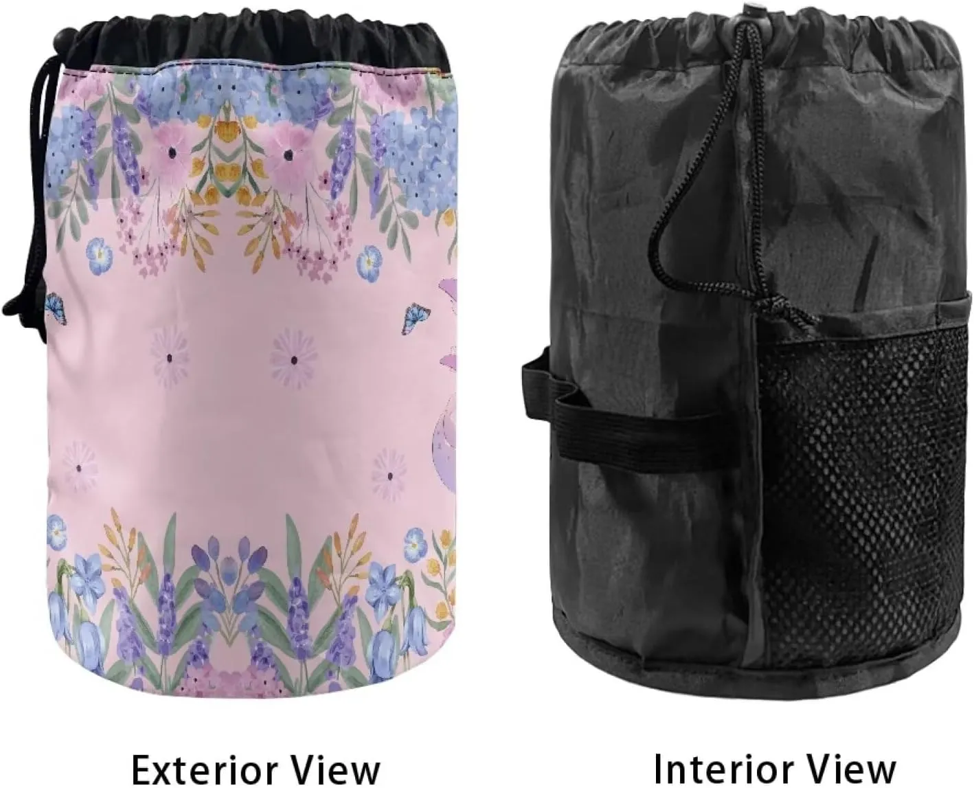 Poceacles Axolotl Floral Pink Blue Drawstring Makeup Bags for Women, Large Capacity Travel Cosmetic Bag Multi-functional Bucket Toiletry Bag Organizer Storage Pocket