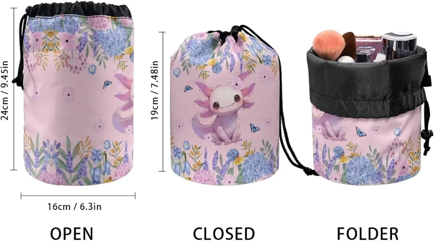 Poceacles Axolotl Floral Pink Blue Drawstring Makeup Bags for Women, Large Capacity Travel Cosmetic Bag Multi-functional Bucket Toiletry Bag Organizer Storage Pocket
