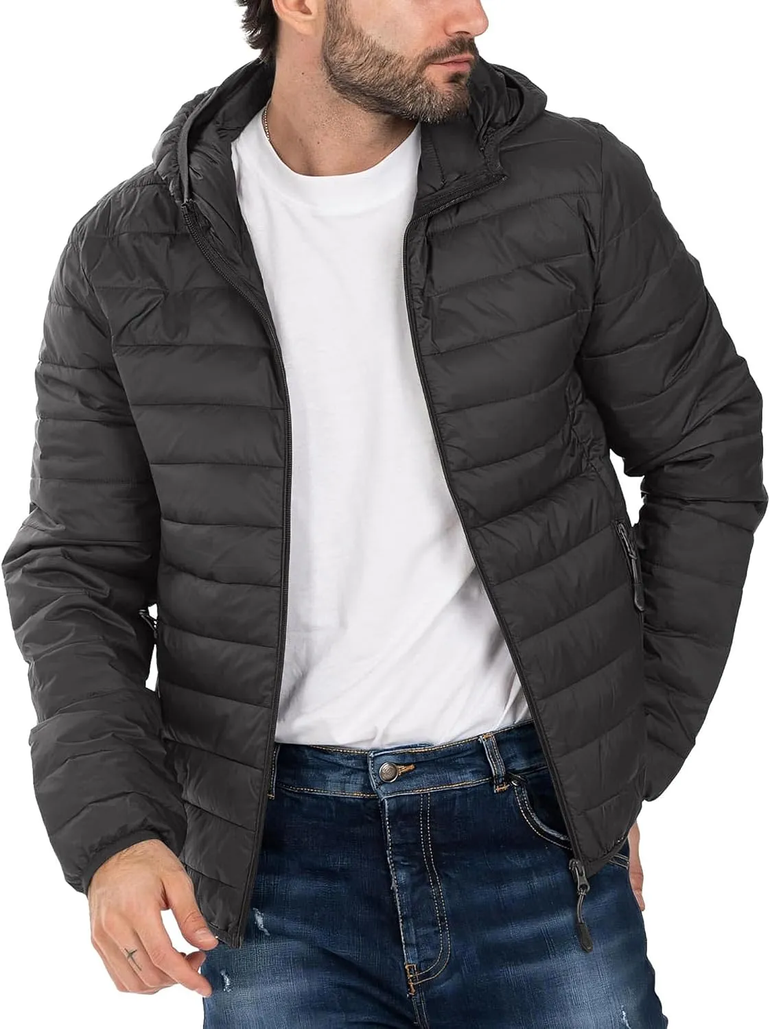 Polu Men's Puffer Jacket with Hood Warm Lightweight Hooded Winter Coat Down Jacket For Men Work Outdoor Hiking