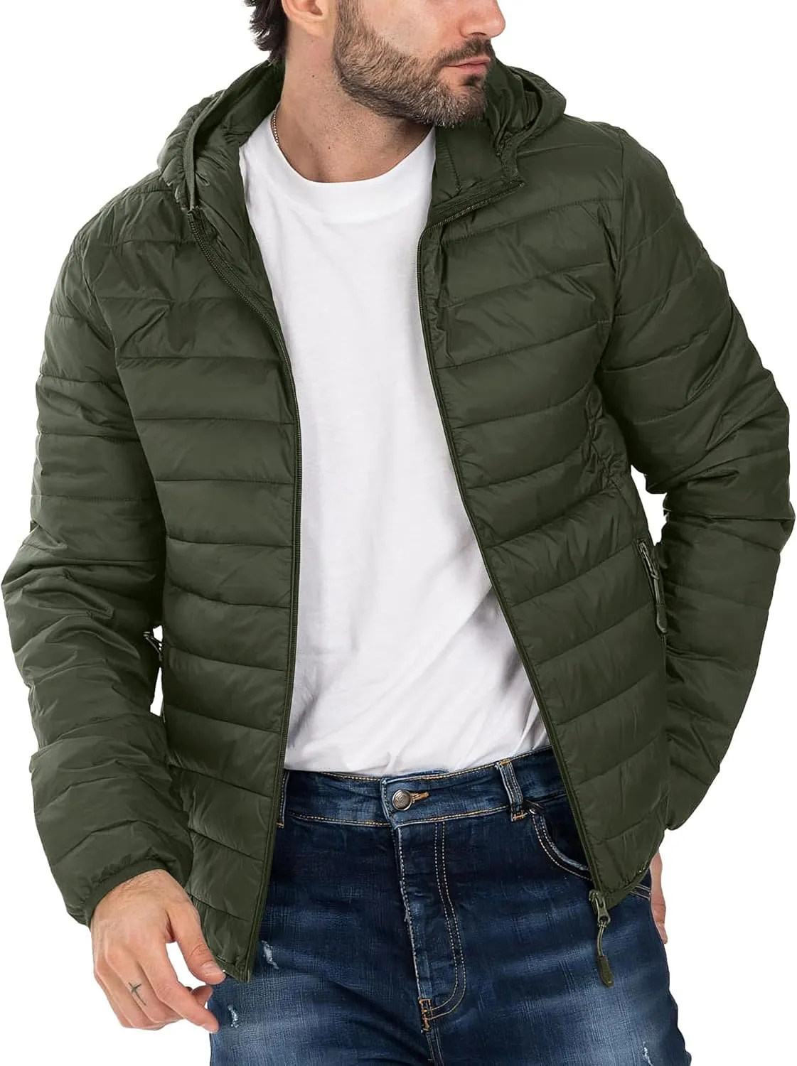 Polu Men's Puffer Jacket with Hood Warm Lightweight Hooded Winter Coat Down Jacket For Men Work Outdoor Hiking