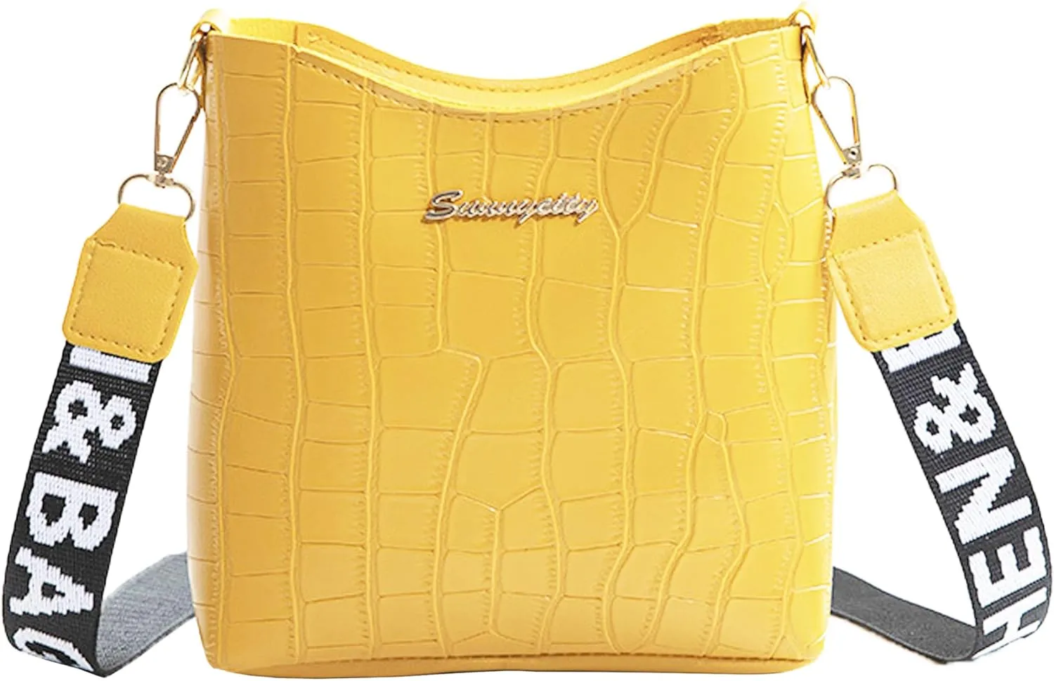 PORT&LOTUS Small Bucket Bags for Women Crocodile Pattern Purses for Women with Wide Guitar Strap