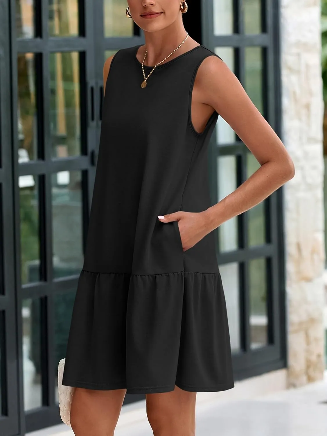 PRETTYGARDEN Casual Short Summer Dresses for Women 2025 Sleeveless Crewneck Cute Ruffle Loose Vacation Mini Tshirt Dress