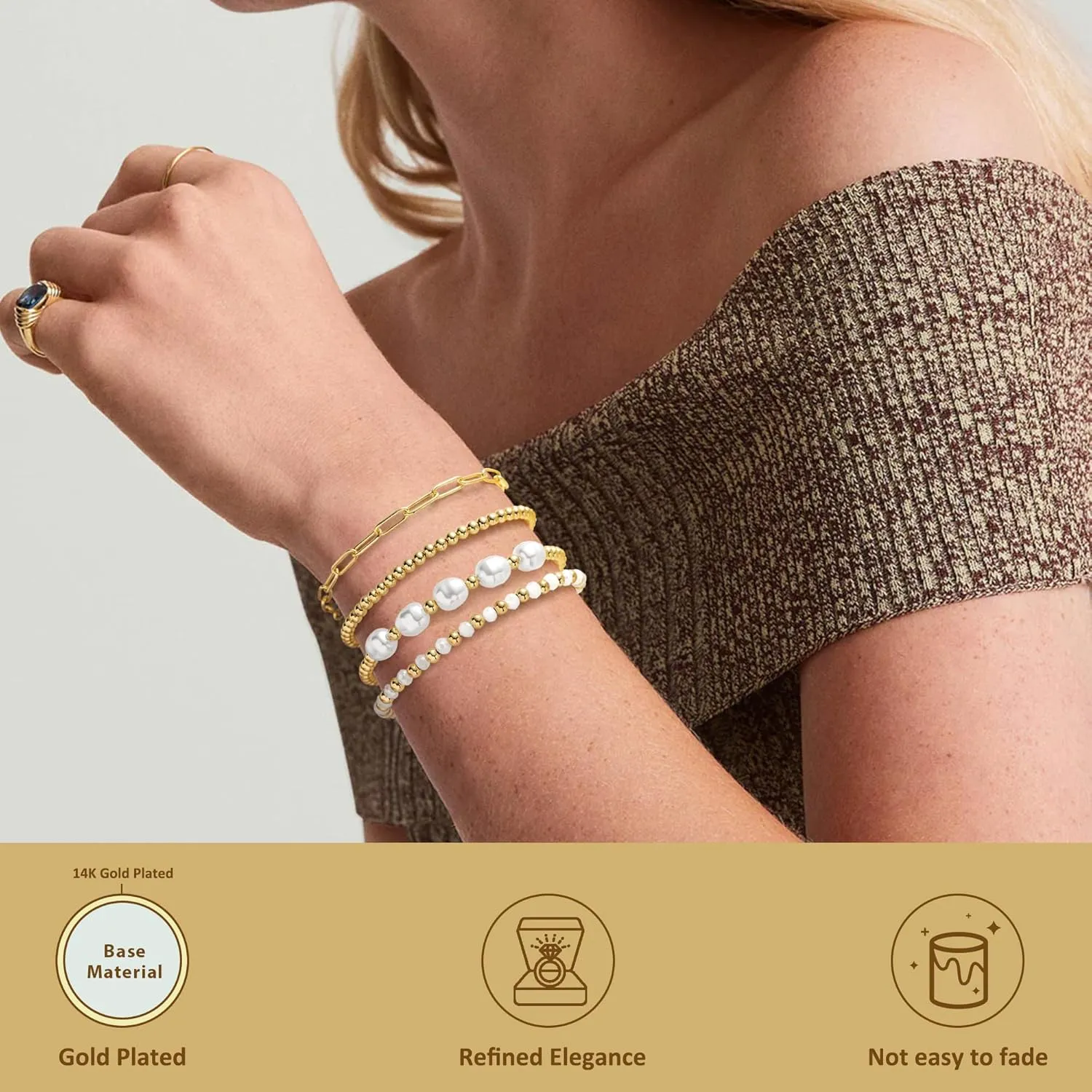 RANKEEF Gold Pearl Beaded Bracelets for Women - 14K Real Gold Plated Bracelets for Women Pearl Bead Bracelets Stack Paperclip Link Chain Adjustable Gold Beaded Bracelets Non Tarnish Gifts for Women