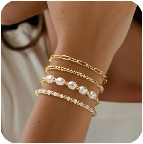 RANKEEF Gold Pearl Beaded Bracelets for Women - 14K Real Gold Plated Bracelets for Women Pearl Bead Bracelets Stack Paperclip Link Chain Adjustable Gold Beaded Bracelets Non Tarnish Gifts for Women