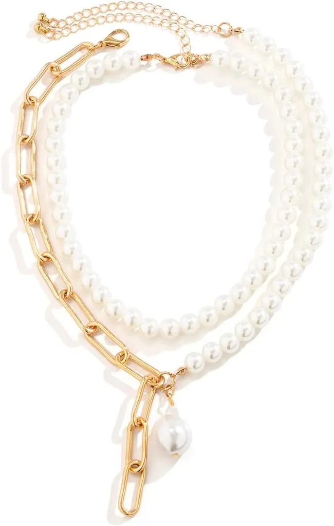 Retro Layered Pearl Choker Necklace Set for Women Lady,Boho Gold Multi-Layer String Beads Necklaces Chunky Paperclip Chain Necklaces Jewelry Gifts